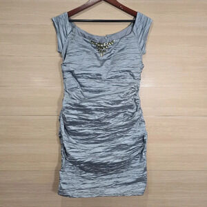 Alex Evenings Dress Womens 16 Ruched Bodycon Silver Beaded Neckline Mini Elegant